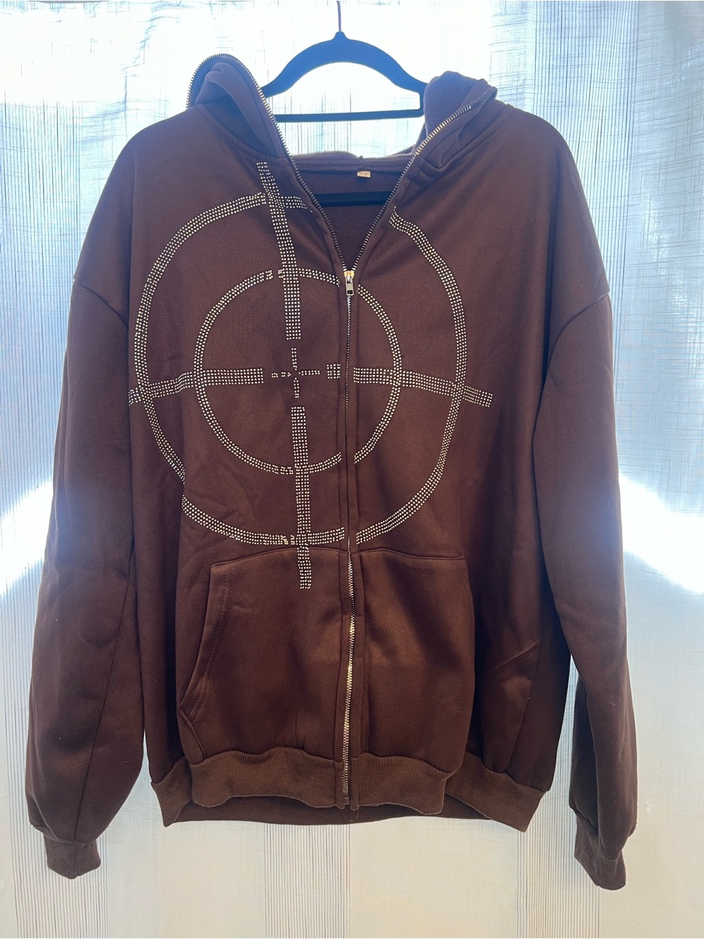 Brown Zip-Up Hoodie Jacket with Studded Target Graphic